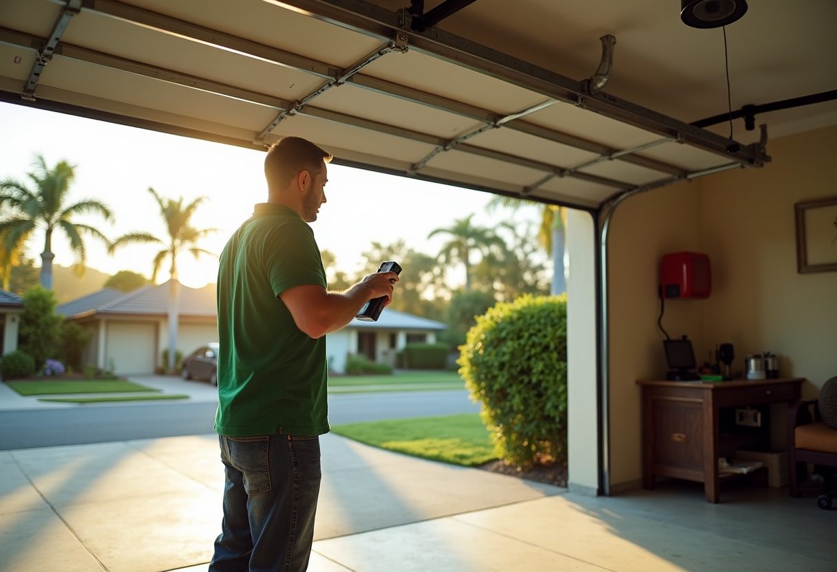 Technician adjusting a belt-drive garage opener — Newstead
